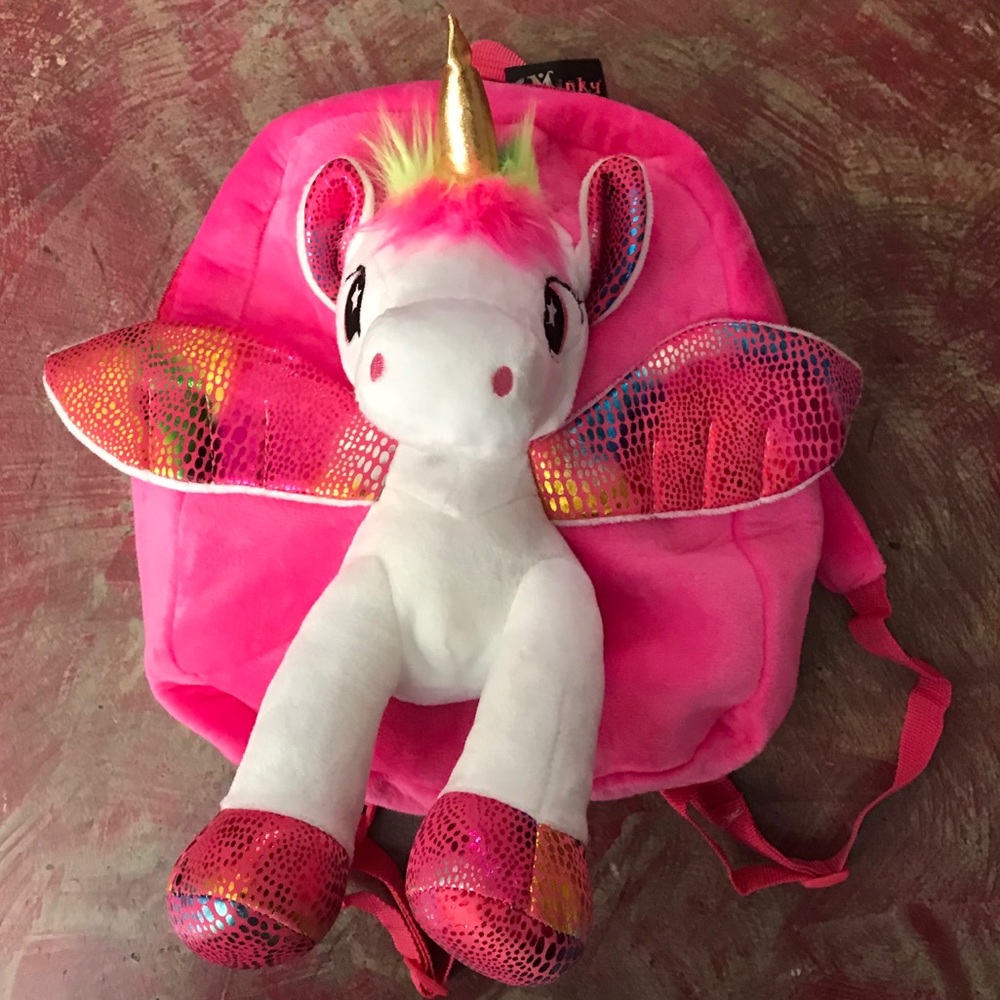 First Two Photos 3D Unicorn Metallic Sequin Fuzzy Furry Plush Backpack Bag - Picture 8 of 10